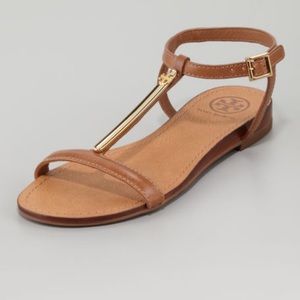 Tory Burch Pacey Gold Bar Flat Sandals Tan Leather
